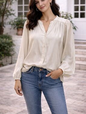 Second Female Long Sleeve Button Up Blouse XS Pearl Ivory Neutral Minimalist